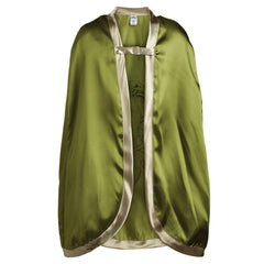 Green dragon cape with tan trim, featuring a fantasy design, ideal for pretend professions and role playing.