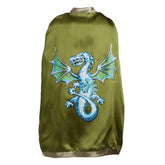 Dragon cape featuring a cartoonish light blue embroidered dragon on smooth satin fabric against a dark olive green background