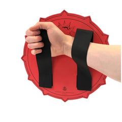 Liontouch Flame Shield made of red cardboard with black straps, featuring a circular design and fantasy role-playing theme.