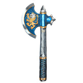 Liontouch Knight Axe in blue with metallic head, blue-wrapped handle, and gold emblem, designed for pretend professions and r