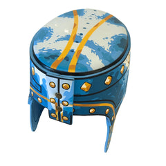 Blue Liontouch Knight Helmet with textured matte and glossy finishes, featuring a yellow stripe and open lid.