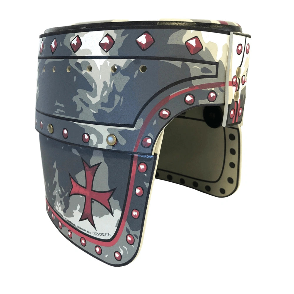 Maltese helmet with matte finish, red and black decorative elements, visor, chin strap, and cross symbol on the front.