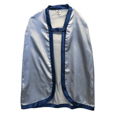 Liontouch Mystery Knight Cape in shiny silver fabric with darker blue trim, featuring a high collar and button closure.