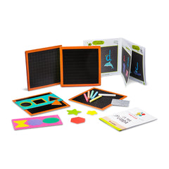 Ludattica Montessori educational toy features an orange-framed blackboard with colorful illustrated papers in various hues.