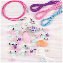 Positive Gems Jewelry set with pink, purple, and blue strings, featuring silver-colored metal chains and beads.