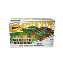 Mandelli 2 In 1 Billiard Football Table packaging features colorful printed text on a white cardboard background.
