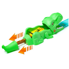 green dinosaur toy with a glossy mouth, yellow teeth, red tongue, and brown spots, part of the Molto Beast Wheels set.