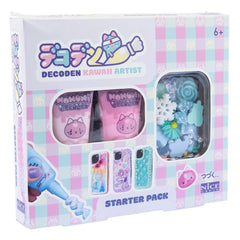 Decoden Kawaii Artist phone cover starter pack in light pink packaging featuring a stylized cat character with a blue bow.