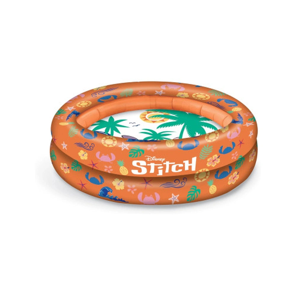 Mondo Disney Stitch inflatable pool rings feature vibrant orange and white fabric with playful printed patterns.
