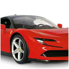 Ferrari SF 90 radio-controlled car in glossy red with silver wheels, featuring two doors and transparent windows.