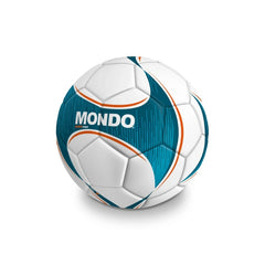 Mondo Five Pro Size 4 soccer ball features a matte finish with white, blue, and orange accents and a textured pentagon design