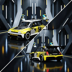 RC Renault 5 Turbo 3E in yellow with black and white stripes, featuring a glossy body, matte roof, and shiny wheels.