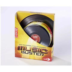 Music-Buster Music Trivia Game box features vibrant yellow design, vinyl record graphics, and bold product name for promotion