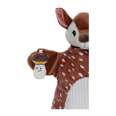 Brown plush toy with smiling face, black eyes, wearing a brown and white hat with pompom and striped band.