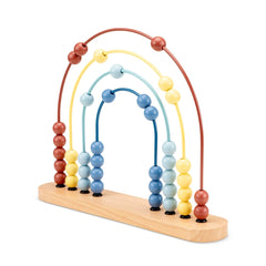 New Classic Toys abacus features a wooden base with colorful plastic balls and clear tubing, designed for educational play.