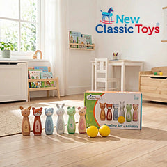 New Classic Toys Bowling Set featuring 6 yellow balls and 6 animal figurines on a green and white rug.