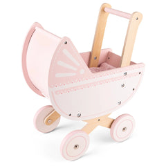 New Classic Toys pink doll pram features wooden and plastic materials, white sunburst canopy, and safety harness system.