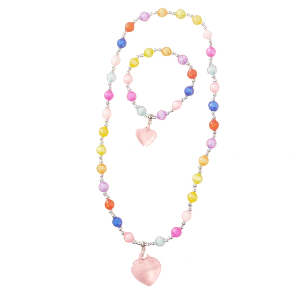 Colorful hearts necklace and bracelet set featuring pink, blue, green, yellow, orange, purple, and multiple silver beads.