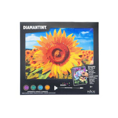 Diamantiny Level Up painting kit on glossy black cardboard packaging featuring a sunflower and 3000+ beads icon.