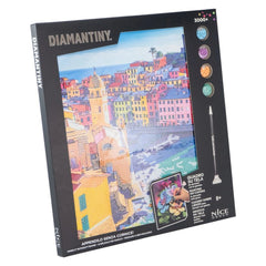 Diamantiny Level Up painting kit on black cardboard packaging featuring a colorful cityscape and clear plastic window.