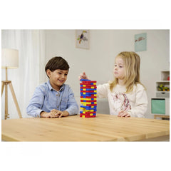 Noris 3 colorful building block games with children playing at a wooden table in a bright, cheerful room.
