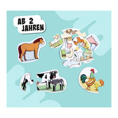 Noris - 6 first Puzzles - Farm Animals collection features colorful cartoon animal stickers on a light blue sky-like backgrou