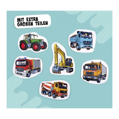 Noris 6 first puzzles featuring colorful vehicle stickers including tractors, trucks, and excavators, ideal for educational p