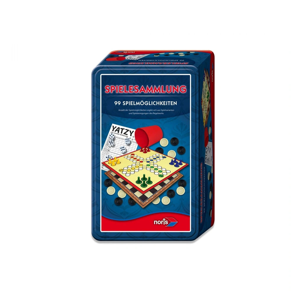Noris 99 Games collection in metal box featuring colorful board game illustration, suitable for 2-4 players.