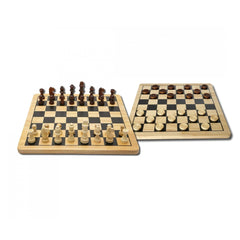 Noris Deluxe Wooden Chess & Checkers sets featuring classic boards and pieces in light and dark wood tones.