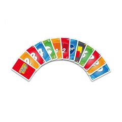 Noris Mau Mau board game cards in colorful semi-circle display with numbers and symbols on a plain white background.