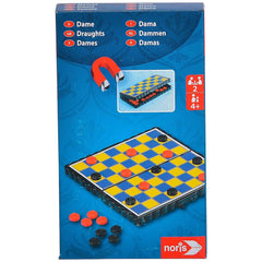 NORIS Portable Interactive Travel Games box featuring checkers in progress with red and black pieces on a yellow and blue boa