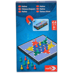 NORIS Portable Interactive Travel Games packaging features a blue design with a game board and colorful pieces, appealing and