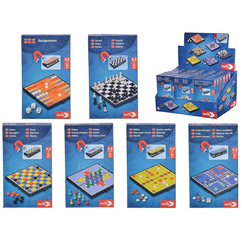 NORIS portable interactive travel board games featuring colorful designs, chess and checkers for two players in blue boxes.
