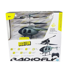 Radiofly RC Helicopter Boston packaging features a glossy cardboard box with a clear plastic window and bold black and yellow