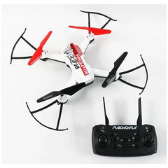 Radiofly Space Predator 38 drone in white with red accents, featuring four propellers and a black remote control with joystic