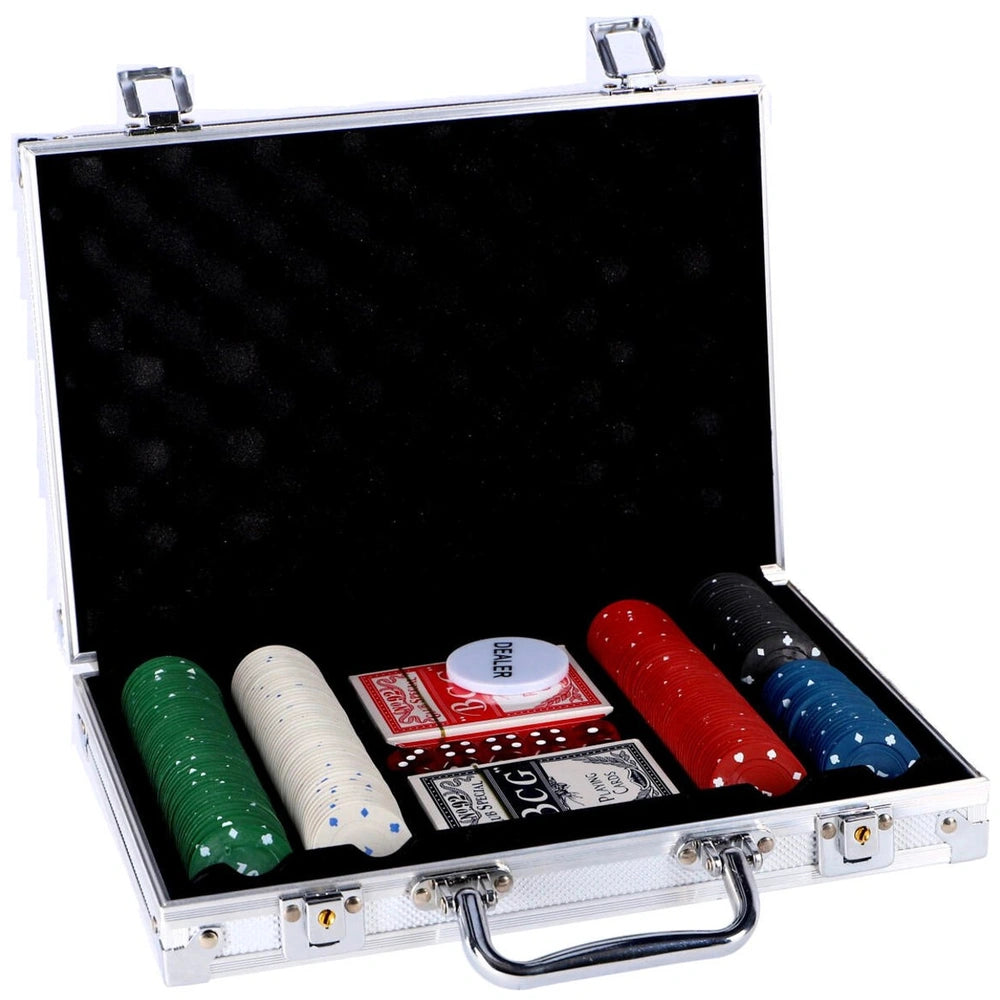 OSA Poker Set 200 Pcs features a black hard case with a velvet interior, showcasing red, black, and white playing cards.