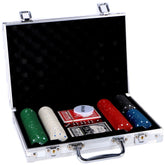 OSA Poker Set 200 Pcs features a black hard case with a velvet interior, showcasing red, black, and white playing cards.