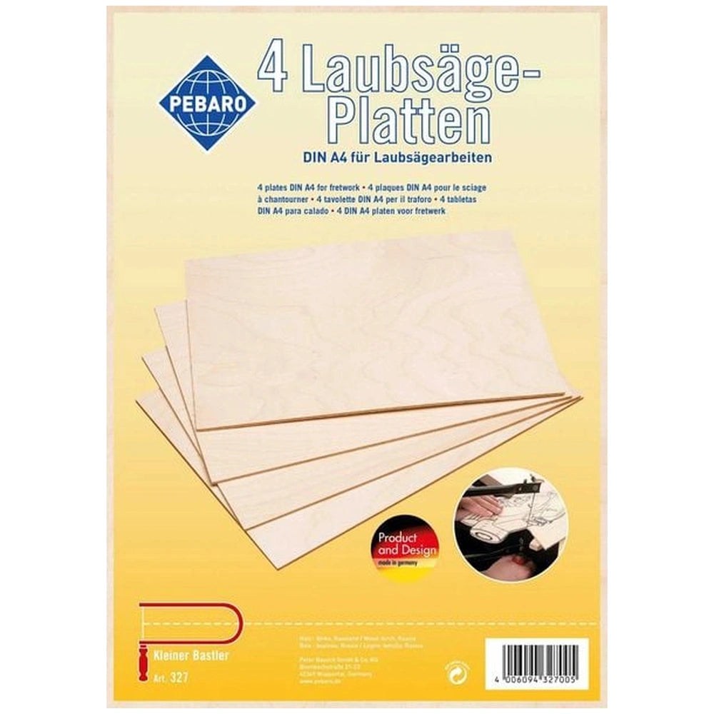 Pebaro birch plywood plates, DIN A4 size, 5mm thick, shown stacked on a yellow background with product logo.