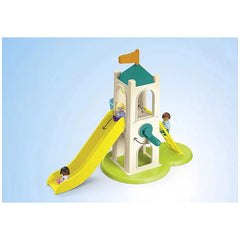 Playmobil Adventure Tower features a white tower with a blue roof, yellow slide, yellow ramp, green bases, and four plastic f
