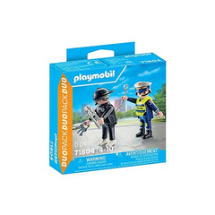 Playmobil DuoPack Policeman and Burglar toy figures in blue cardboard box with orange label and clear plastic window.