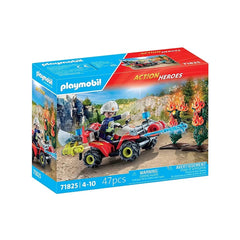 PLAYMOBIL Firefighting-Quad toy playset in blue and red cardboard packaging with clear window, featuring a red and yellow fou