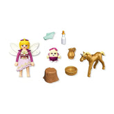 Playmobil Magic Unicorns toy playset features a plastic doll with a satin-like dress, cotton-blend wings, and glossy hair.