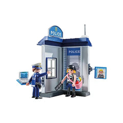 Playmobil Police Interrogation Room features a police officer in uniform, plastic station, and various shiny metal accessorie