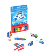 Plus Plus Transportation Activity Pad features a glossy blue packaging with puzzle pieces, a toy car, and safety warning text