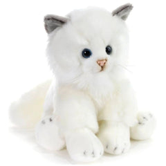 Raji Sitting White Cat plush toy features fluffy white fur, black reflective eyes, pink nose, and white paws with black dots.