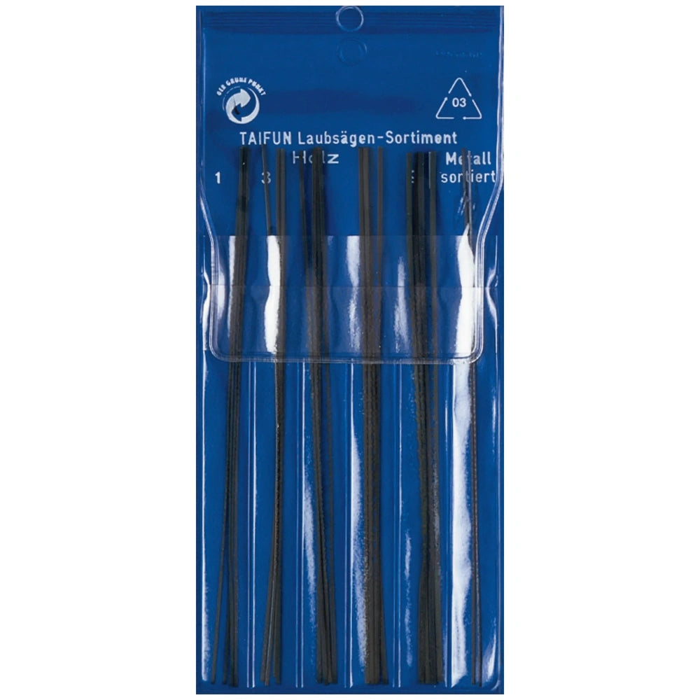 Set of fretsaw blades in a blue plastic packaging, featuring various widths for wood and metal crafting.