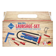 Prebaro Fretsaw Kit with saw, clamp, and tools in a carry handle box, red and blue on wood background.