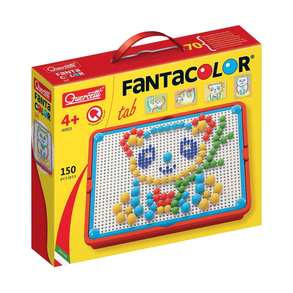 Quercetti FantaColor Tab arts and crafts packaging features a glossy yellow background, red handle, and colorful coloring boo