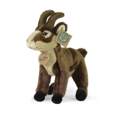 Plush chamois stuffed animal with brown body, lighter face, dark horns, and eco-friendly tags, standing on a white background