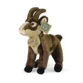 Plush chamois stuffed animal in brown and white, featuring large eyes, a small nose, and an eco-friendly tag.